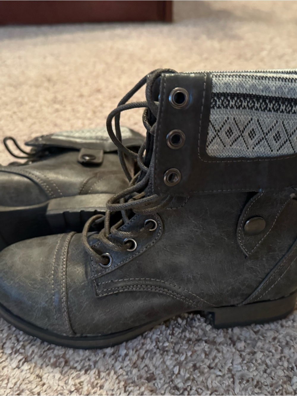 Woman’s Just Fab Gray Lace-Up Ankle Boots with Patterned Cuff